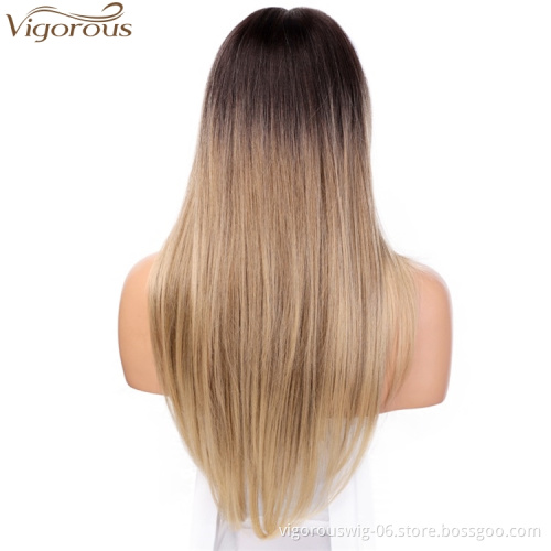 Vigorous Ombre Lace Front Wigs for Women Long Natural Straight Black to Blonde Synthetic Wig with Middle Part Ladies Wigs
